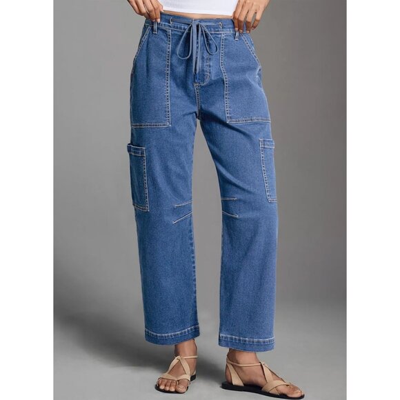 Women's High Waisted Loose Cargo Denim Pants with Pockets - Size 6 Sky Blue - Picture 8 of 8